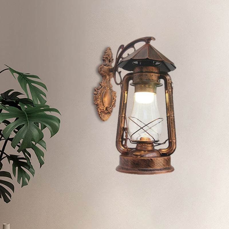 Lantern Clear Glass Wall Hanging Light Vintage Single Bulb Outdoor Sconce Lamp in Black/Bronze/Copper Clearhalo 'Wall Lamps & Sconces' 'Wall Lights' Lighting' 1959873