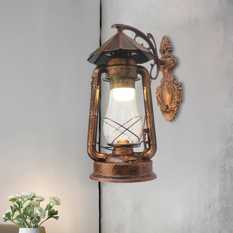 Lantern Clear Glass Wall Hanging Light Vintage Single Bulb Outdoor Sconce Lamp in Black/Bronze/Copper Clearhalo 'Wall Lamps & Sconces' 'Wall Lights' Lighting' 1959874