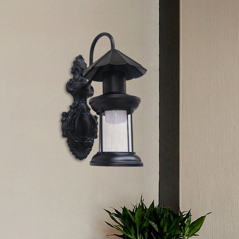 One Bulb Wall Sconce Lighting with Kerosene Shade Clear Glass Coastal Outdoor Light Fixture in Black/Copper/Bronze Black Clearhalo 'Wall Lamps & Sconces' 'Wall Lights' Lighting' 1959877