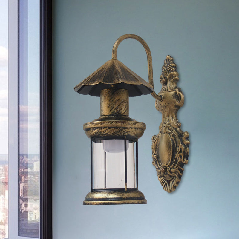 One Bulb Wall Sconce Lighting with Kerosene Shade Clear Glass Coastal Outdoor Light Fixture in Black/Copper/Bronze Bronze Clearhalo 'Wall Lamps & Sconces' 'Wall Lights' Lighting' 1959882