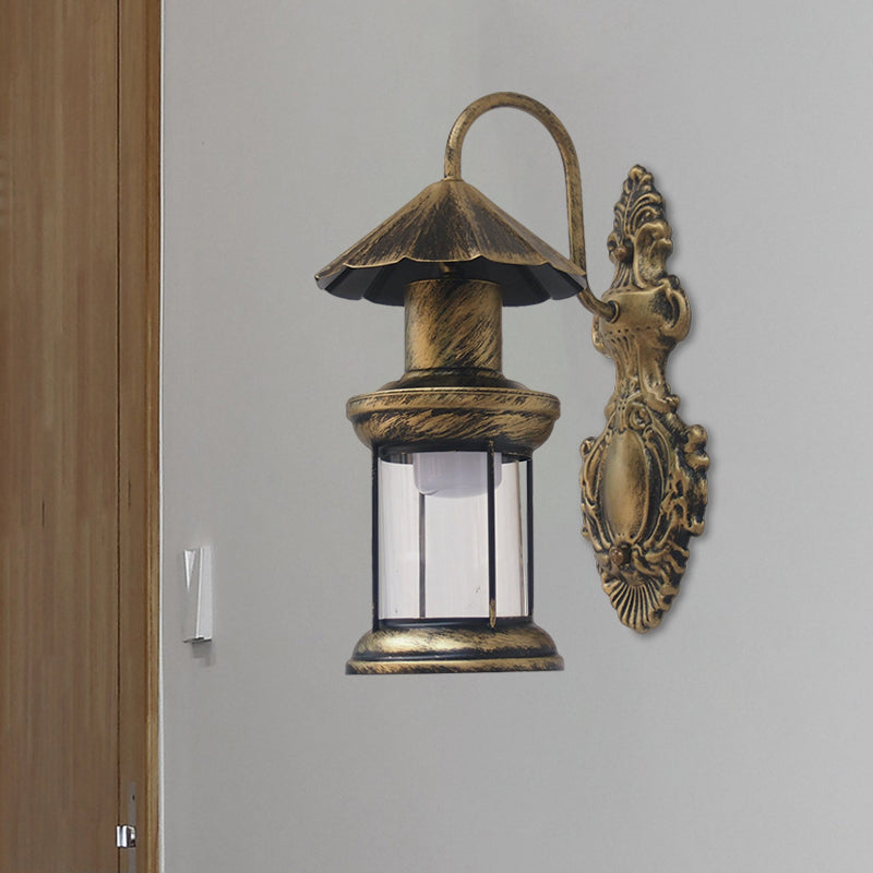 One Bulb Wall Sconce Lighting with Kerosene Shade Clear Glass Coastal Outdoor Light Fixture in Black/Copper/Bronze Clearhalo 'Wall Lamps & Sconces' 'Wall Lights' Lighting' 1959883