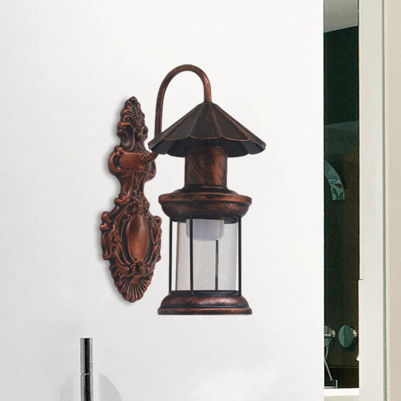 One Bulb Wall Sconce Lighting with Kerosene Shade Clear Glass Coastal Outdoor Light Fixture in Black/Copper/Bronze Clearhalo 'Wall Lamps & Sconces' 'Wall Lights' Lighting' 1959888