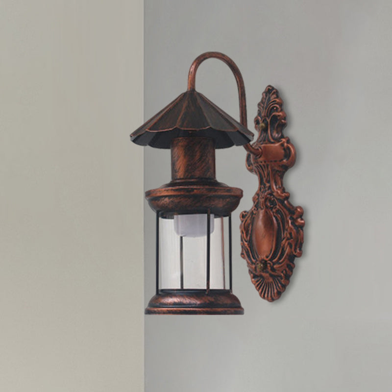 One Bulb Wall Sconce Lighting with Kerosene Shade Clear Glass Coastal Outdoor Light Fixture in Black/Copper/Bronze Clearhalo 'Wall Lamps & Sconces' 'Wall Lights' Lighting' 1959889