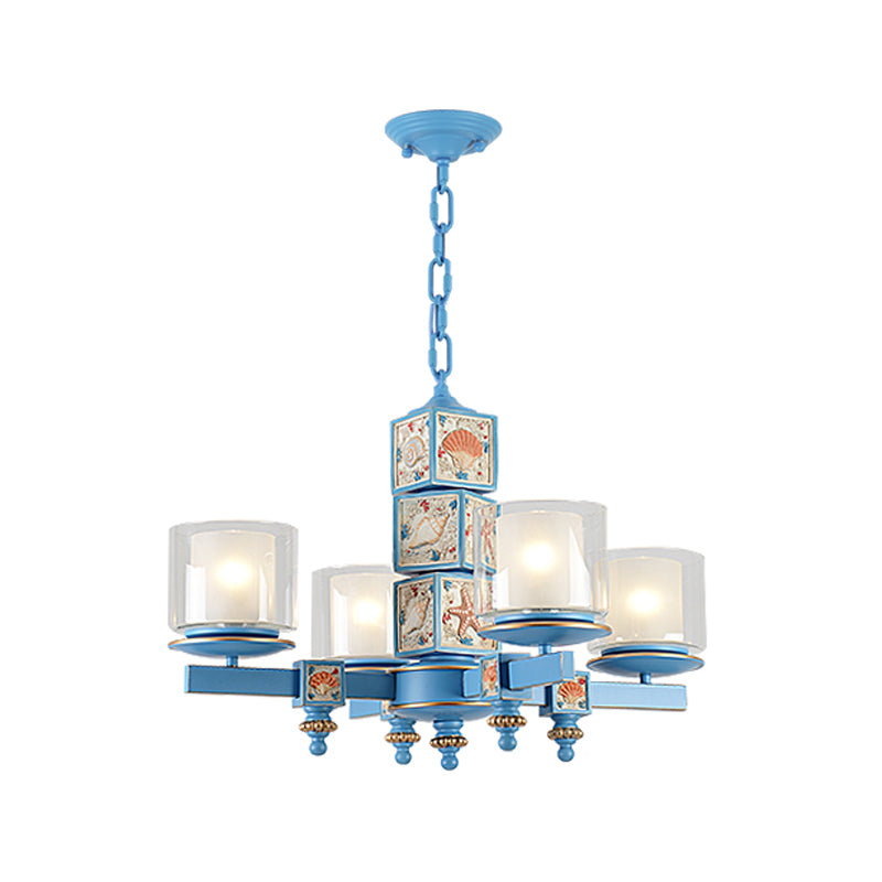 Cartoon Cylinder Pendant Lamp with Shell Deco Metal 4 Lights Blue Chandelier for Kindergarten Clearhalo 'Ceiling Lights' 'Chandeliers' Lighting' options 195989