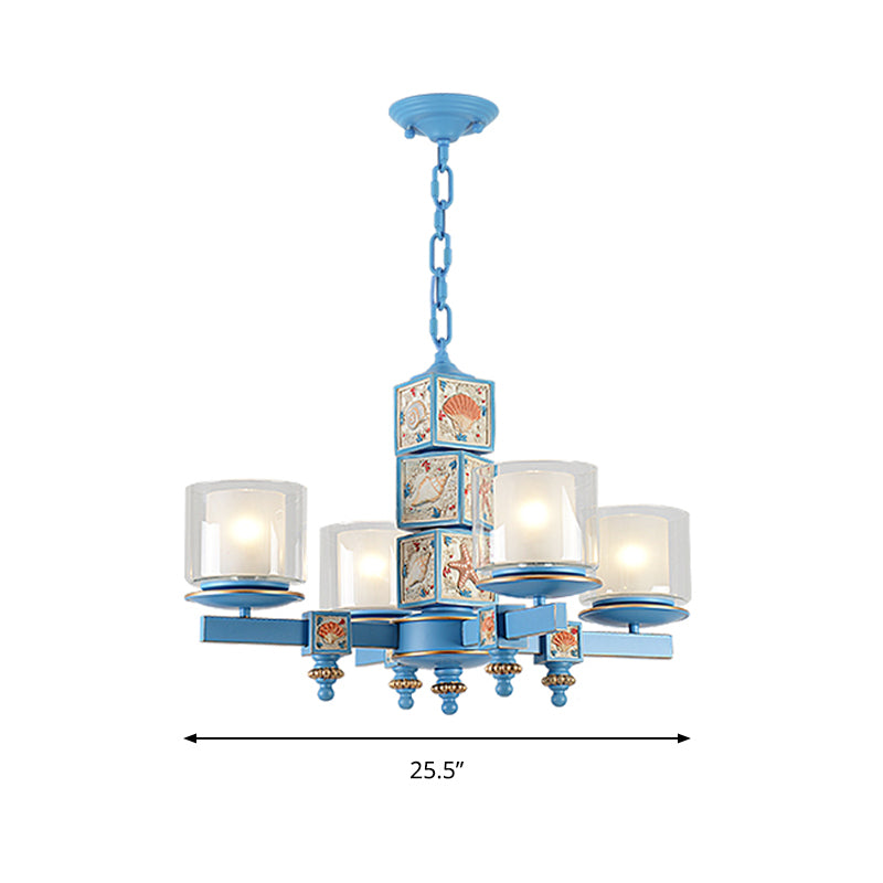 Cartoon Cylinder Pendant Lamp with Shell Deco Metal 4 Lights Blue Chandelier for Kindergarten Clearhalo 'Ceiling Lights' 'Chandeliers' Lighting' options 195990