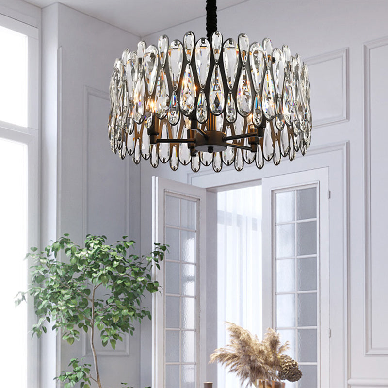 Black Drum Shaped Pendant Light Modern Crystal Teardrop 6-Bulb Dining Room Chandelier Black Clearhalo 'Ceiling Lights' 'Chandeliers' Lighting' options 1960087_44a9709e-2586-4d40-bab8-798aa0cfd7ae