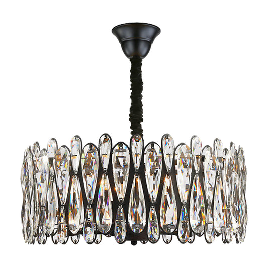 Black Drum Shaped Pendant Light Modern Crystal Teardrop 6-Bulb Dining Room Chandelier Clearhalo 'Ceiling Lights' 'Chandeliers' Lighting' options 1960088