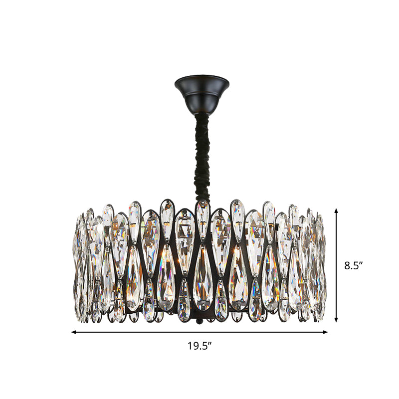 Black Drum Shaped Pendant Light Modern Crystal Teardrop 6-Bulb Dining Room Chandelier Clearhalo 'Ceiling Lights' 'Chandeliers' Lighting' options 1960089