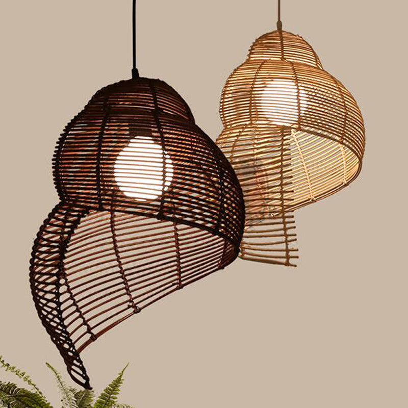 Rattan Spiral Shell Shaped Pendant Coastal Single-Bulb Coffee/Beige Hanging Light Kit, 10"/12"/14" Wide Coffee Clearhalo 'Ceiling Lights' 'Modern Pendants' 'Modern' 'Pendant Lights' 'Pendants' Lighting' 1960187