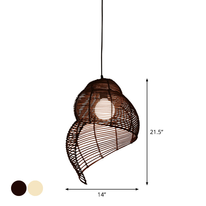 Rattan Spiral Shell Shaped Pendant Coastal Single-Bulb Coffee/Beige Hanging Light Kit, 10"/12"/14" Wide Clearhalo 'Ceiling Lights' 'Modern Pendants' 'Modern' 'Pendant Lights' 'Pendants' Lighting' 1960190