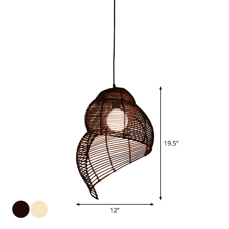 Rattan Spiral Shell Shaped Pendant Coastal Single-Bulb Coffee/Beige Hanging Light Kit, 10"/12"/14" Wide Clearhalo 'Ceiling Lights' 'Modern Pendants' 'Modern' 'Pendant Lights' 'Pendants' Lighting' 1960191