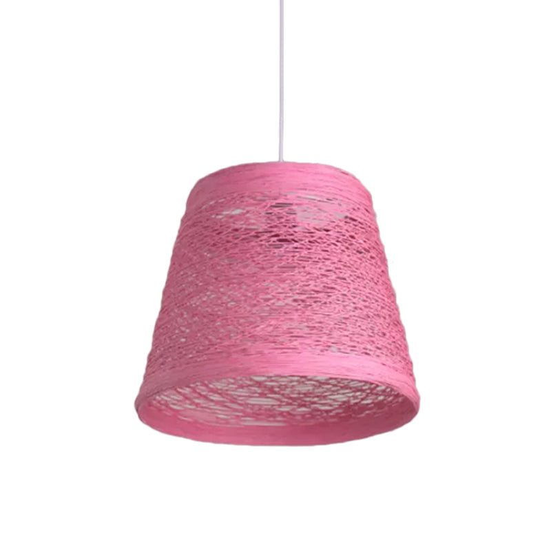 Tapered Drum Rattan Pendant Lamp Modern Style 1 Head Black/Red/Pink Ceiling Hang Light over Dining Table Pink Clearhalo 'Ceiling Lights' 'Modern Pendants' 'Modern' 'Pendant Lights' 'Pendants' Lighting' 1960205