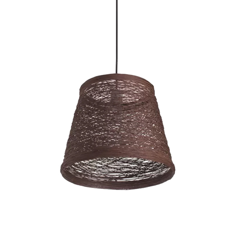 Tapered Drum Rattan Pendant Lamp Modern Style 1 Head Black/Red/Pink Ceiling Hang Light over Dining Table Dark Coffee Clearhalo 'Ceiling Lights' 'Modern Pendants' 'Modern' 'Pendant Lights' 'Pendants' Lighting' 1960207
