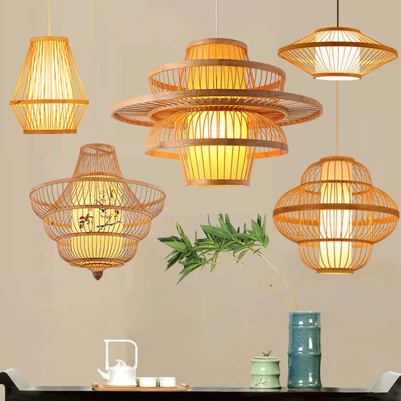 Teardrop/Bubbling/3-Shade Pendant Light Kit Chinese Style Bamboo 1-Light Beige Ceiling Hanging Lantern Beige D Clearhalo 'Ceiling Lights' 'Modern Pendants' 'Modern' 'Pendant Lights' 'Pendants' Lighting' 1960227
