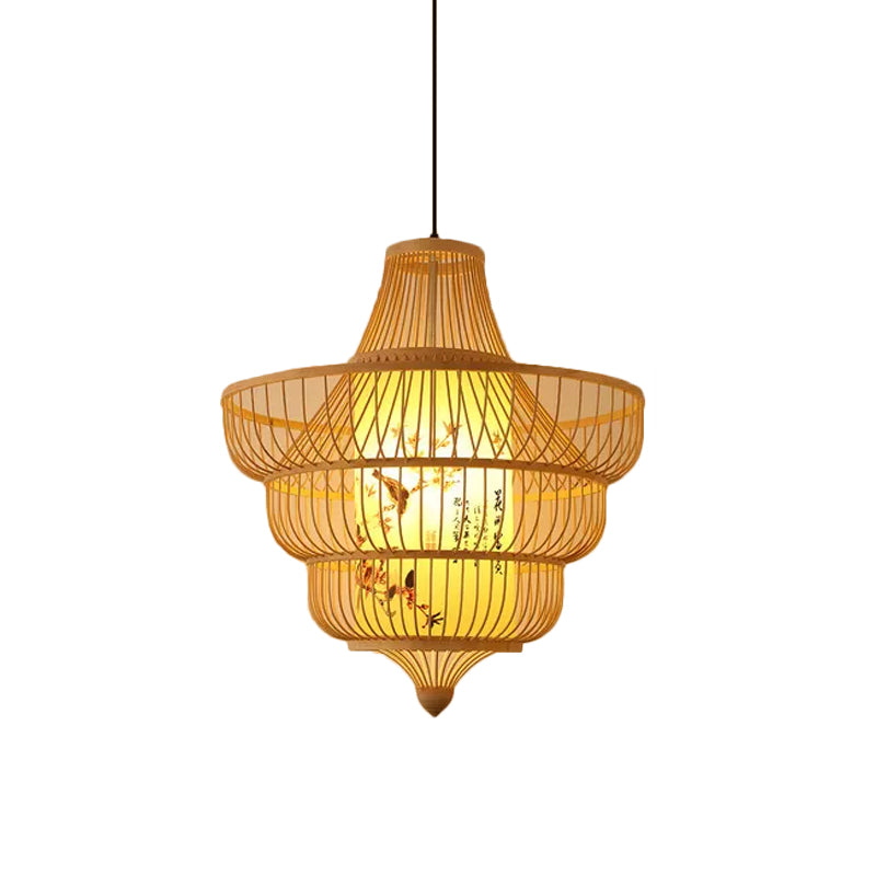 Teardrop/Bubbling/3-Shade Pendant Light Kit Chinese Style Bamboo 1-Light Beige Ceiling Hanging Lantern Beige E Clearhalo 'Ceiling Lights' 'Modern Pendants' 'Modern' 'Pendant Lights' 'Pendants' Lighting' 1960234