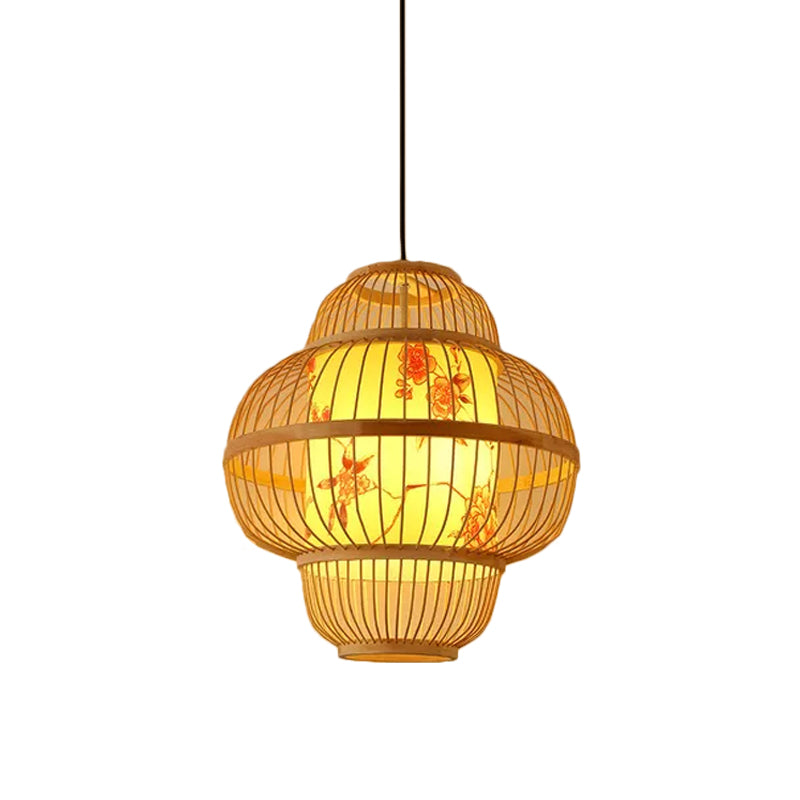 Teardrop/Bubbling/3-Shade Pendant Light Kit Chinese Style Bamboo 1-Light Beige Ceiling Hanging Lantern Beige B Clearhalo 'Ceiling Lights' 'Modern Pendants' 'Modern' 'Pendant Lights' 'Pendants' Lighting' 1960243