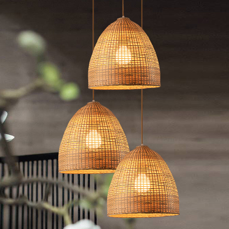 Crisscross-Woven Bowl/Oval/Bell Pendant Asia Bamboo 1 Head Tearoom Hanging Ceiling Light in Beige, 9"/14"/16" Wide Beige 16" Clearhalo 'Ceiling Lights' 'Modern Pendants' 'Modern' 'Pendant Lights' 'Pendants' Lighting' 1960246