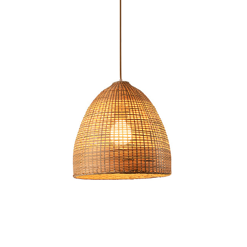 Crisscross-Woven Bowl/Oval/Bell Pendant Asia Bamboo 1 Head Tearoom Hanging Ceiling Light in Beige, 9"/14"/16" Wide Clearhalo 'Ceiling Lights' 'Modern Pendants' 'Modern' 'Pendant Lights' 'Pendants' Lighting' 1960247