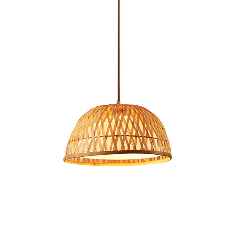 Crisscross-Woven Bowl/Oval/Bell Pendant Asia Bamboo 1 Head Tearoom Hanging Ceiling Light in Beige, 9"/14"/16" Wide Beige 14" Clearhalo 'Ceiling Lights' 'Modern Pendants' 'Modern' 'Pendant Lights' 'Pendants' Lighting' 1960249