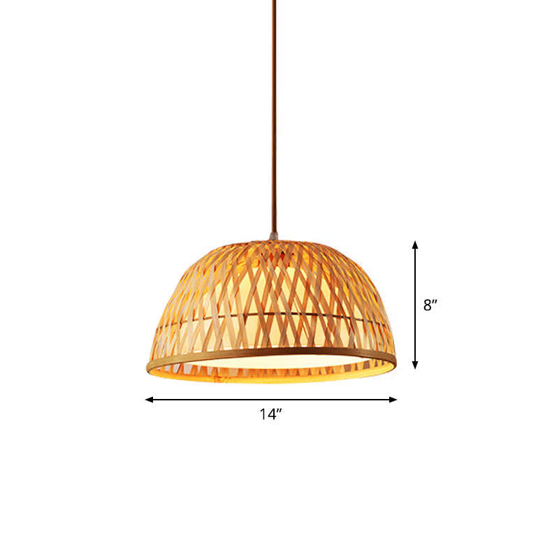 Crisscross-Woven Bowl/Oval/Bell Pendant Asia Bamboo 1 Head Tearoom Hanging Ceiling Light in Beige, 9"/14"/16" Wide Clearhalo 'Ceiling Lights' 'Modern Pendants' 'Modern' 'Pendant Lights' 'Pendants' Lighting' 1960250
