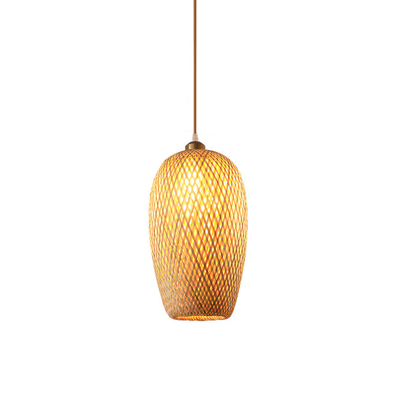 Crisscross-Woven Bowl/Oval/Bell Pendant Asia Bamboo 1 Head Tearoom Hanging Ceiling Light in Beige, 9"/14"/16" Wide Beige 9" Clearhalo 'Ceiling Lights' 'Modern Pendants' 'Modern' 'Pendant Lights' 'Pendants' Lighting' 1960251