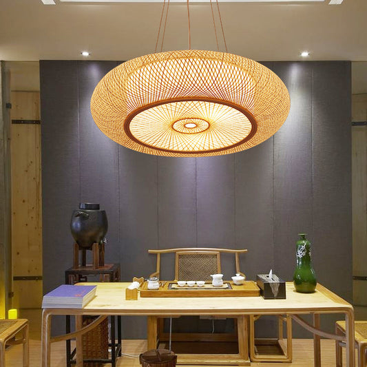 Handmade Round Bamboo Hanging Light Chinese 1 Bulb 18"/19.5"/31.5" Wide Beige Ceiling Pendant for Tearoom Clearhalo 'Ceiling Lights' 'Chandeliers' 'Modern Chandeliers' 'Modern' Lighting' 1960273