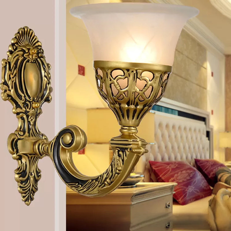 Flared Shade Bedroom Sconce Lamp Retro Opal Frosted Glass Single Bronze Wall Mount Light Bronze Clearhalo 'Wall Lamps & Sconces' 'Wall Lights' Lighting' 1960351