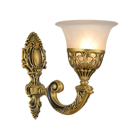 Flared Shade Bedroom Sconce Lamp Retro Opal Frosted Glass Single Bronze Wall Mount Light Clearhalo 'Wall Lamps & Sconces' 'Wall Lights' Lighting' 1960352