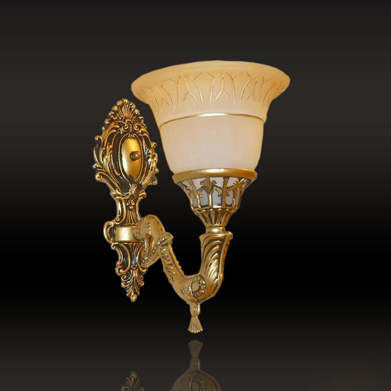 Traditional Bell Wall Mounted Light 1 Head Frosted Glass Sconce Lighting with Carved Arm in Brass Clearhalo 'Wall Lamps & Sconces' 'Wall Lights' Lighting' 1960356