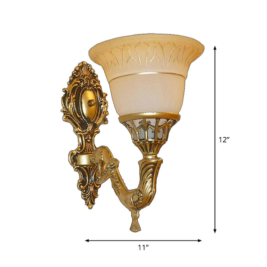 Traditional Bell Wall Mounted Light 1 Head Frosted Glass Sconce Lighting with Carved Arm in Brass Clearhalo 'Wall Lamps & Sconces' 'Wall Lights' Lighting' 1960359