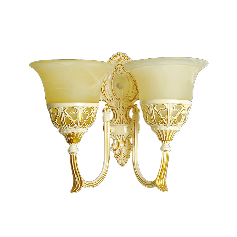 Bell Beige Glass Wall Mounted Light Retro 2 Heads Living Room Sconce Lamp with Curved Arm Clearhalo 'Wall Lamps & Sconces' 'Wall Lights' Lighting' 1960368