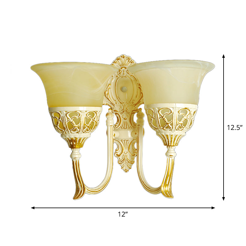 Bell Beige Glass Wall Mounted Light Retro 2 Heads Living Room Sconce Lamp with Curved Arm Clearhalo 'Wall Lamps & Sconces' 'Wall Lights' Lighting' 1960370