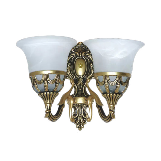 2-Light Wall Light Fixture Traditional Corridor Wall Sconce with Bell Alabaster Glass Shade in Bronze Clearhalo 'Wall Lamps & Sconces' 'Wall Lights' Lighting' 1960372