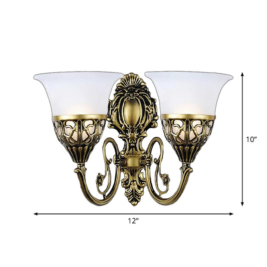Bronze 2 Lights Wall Mount Lamp Vintage White Glass Bell Wall Sconce Lighting for Hallway Clearhalo 'Wall Lamps & Sconces' 'Wall Lights' Lighting' 1960376