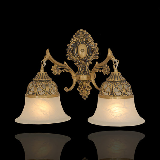 Antiqued Flared Sconce Light Fixture 2 Heads Opal Frosted Glass Wall Lamp in Bronze Clearhalo 'Wall Lamps & Sconces' 'Wall Lights' Lighting' 1960378