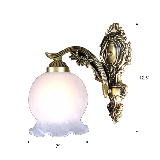 Ball Frosted White Glass Sconce Light Antique 1 Bulb Bedroom Wall Lamp with Ruffled Trim in Bronze Clearhalo 'Wall Lamps & Sconces' 'Wall Lights' Lighting' 1960383