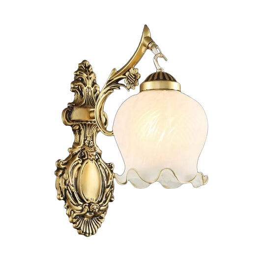 Frosted Glass White/Bronze Wall Sconce Lettuce-Trim Shade 1 Head Traditional Wall Light Fixture Clearhalo 'Wall Lamps & Sconces' 'Wall Lights' Lighting' 1960385