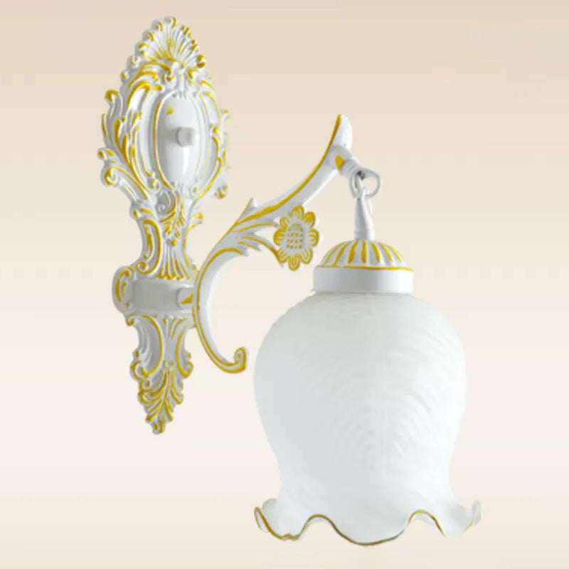 Frosted Glass White/Bronze Wall Sconce Lettuce-Trim Shade 1 Head Traditional Wall Light Fixture White Clearhalo 'Wall Lamps & Sconces' 'Wall Lights' Lighting' 1960387