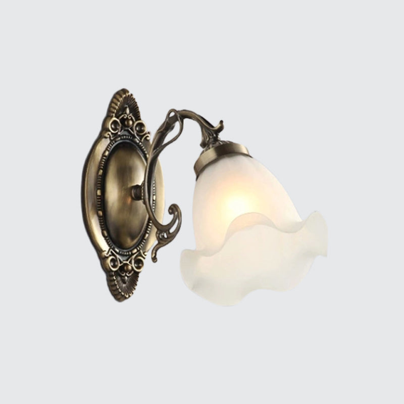 1/2-Bulb Opal Frosted Glass Wall Lamp Countryside Bronze Flower Living Room Wall Lighting Ideas Clearhalo 'Wall Lamps & Sconces' 'Wall Lights' Lighting' 1960392