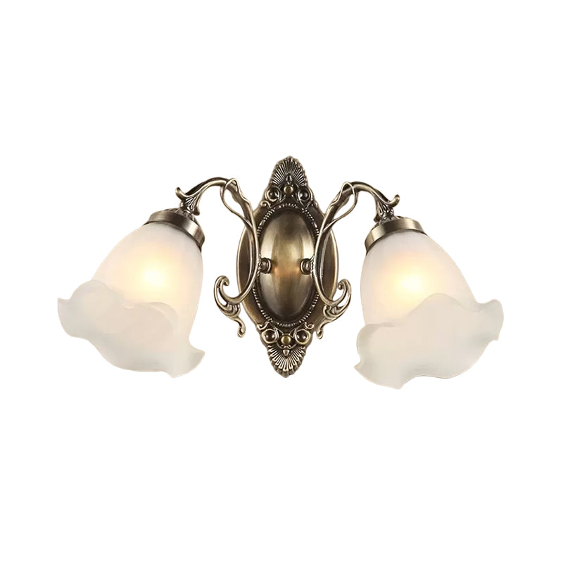 1/2-Bulb Opal Frosted Glass Wall Lamp Countryside Bronze Flower Living Room Wall Lighting Ideas 2.0 Bronze Clearhalo 'Wall Lamps & Sconces' 'Wall Lights' Lighting' 1960394