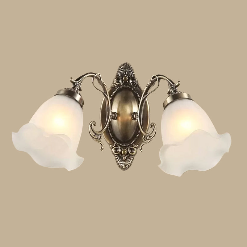 1/2-Bulb Opal Frosted Glass Wall Lamp Countryside Bronze Flower Living Room Wall Lighting Ideas Clearhalo 'Wall Lamps & Sconces' 'Wall Lights' Lighting' 1960395