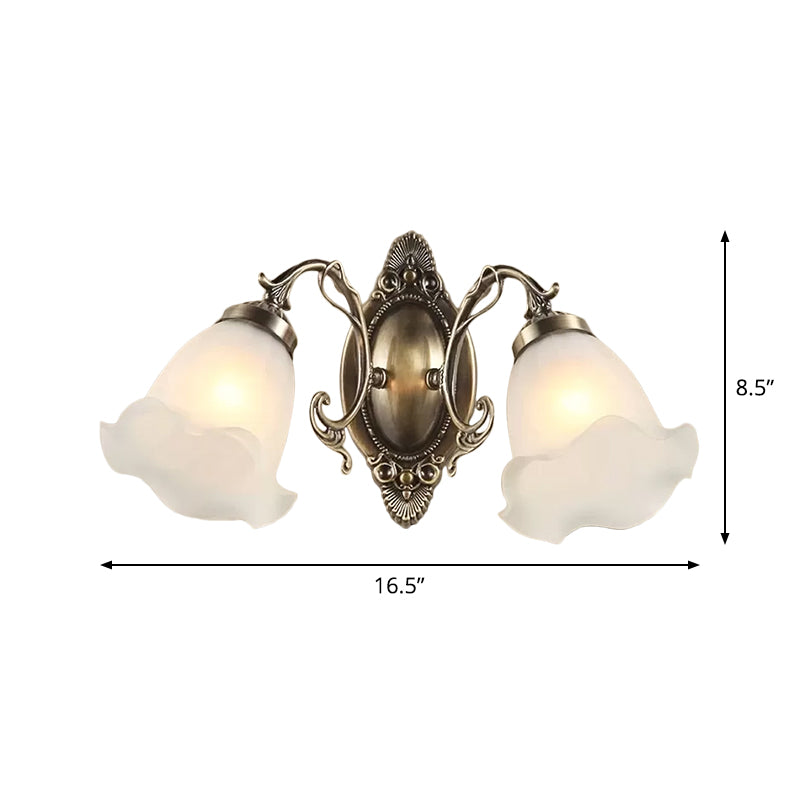 1/2-Bulb Opal Frosted Glass Wall Lamp Countryside Bronze Flower Living Room Wall Lighting Ideas Clearhalo 'Wall Lamps & Sconces' 'Wall Lights' Lighting' 1960396