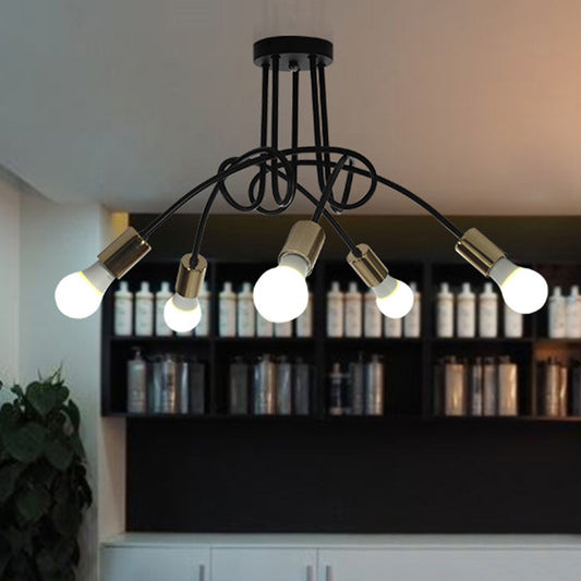 Twisted Metallic Semi-Flush Ceiling Light Industrial 3/5 Lights Hallway Semi Flush Pendant Light with Bare Bulb in Black 5 Black Clearhalo 'Ceiling Lights' 'Close To Ceiling Lights' 'Close to ceiling' 'Semi-flushmount' Lighting' 19603