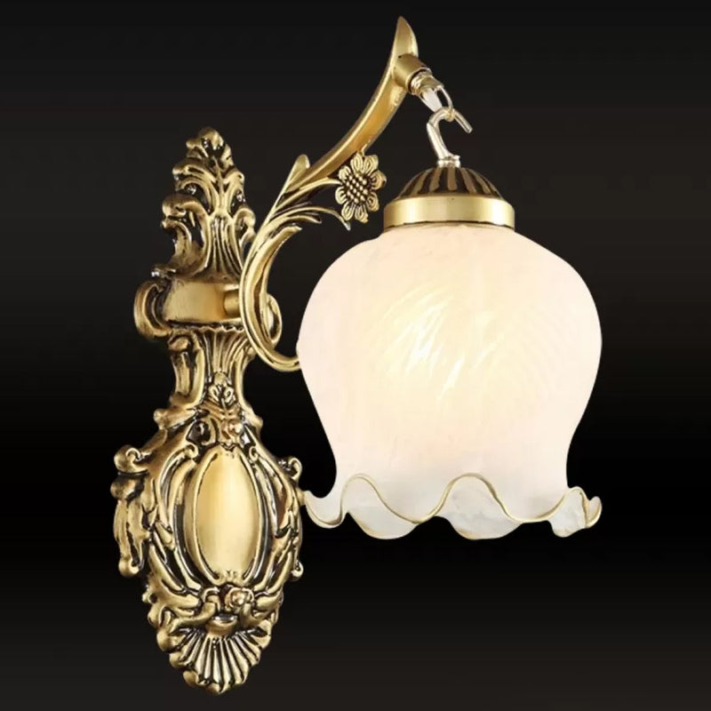 Dome Ivory Glass Wall Mounted Lamp Rustic 1-Light Dining Room Sconce Light with Ruffled Trim in White/Bronze Bronze Clearhalo 'Wall Lamps & Sconces' 'Wall Lights' Lighting' 1960400