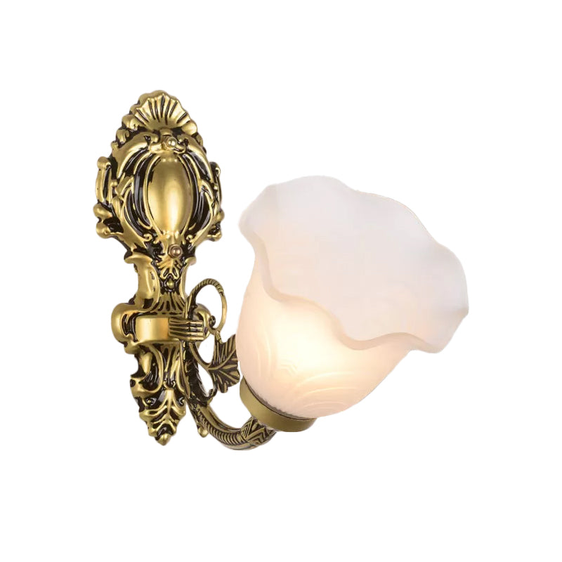 1 Light Bellflower Wall Sconce Farmhouse Bronze Milky Frosted Glass Wall Mounted Light for Corner Clearhalo 'Wall Lamps & Sconces' 'Wall Lights' Lighting' 1960403