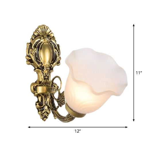 1 Light Bellflower Wall Sconce Farmhouse Bronze Milky Frosted Glass Wall Mounted Light for Corner Clearhalo 'Wall Lamps & Sconces' 'Wall Lights' Lighting' 1960405