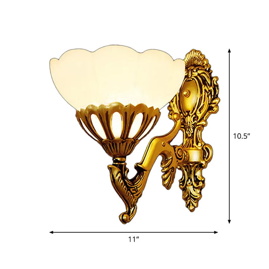 Scalloped Bedroom Wall Light Kit Traditional Cream Glass 1 Head Antiqued Bronze Wall Mount Lamp Clearhalo 'Wall Lamps & Sconces' 'Wall Lights' Lighting' 1960409