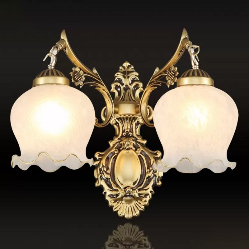 2-Light Opal Frosted Glass Wall Light Traditional Bronze Floral Bedroom Sconce Lighting Bronze Clearhalo 'Wall Lamps & Sconces' 'Wall Lights' Lighting' 1960414