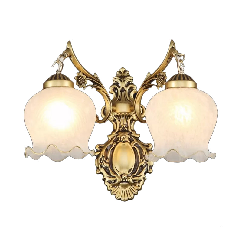 2-Light Opal Frosted Glass Wall Light Traditional Bronze Floral Bedroom Sconce Lighting Clearhalo 'Wall Lamps & Sconces' 'Wall Lights' Lighting' 1960415