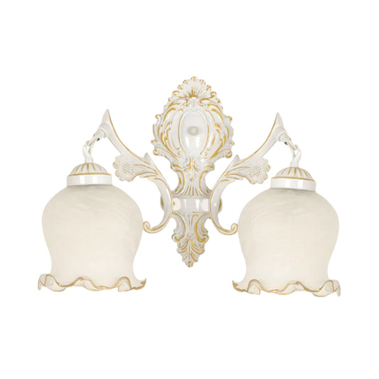 Bronze/White Ruffle Wall Sconce Light Traditional Frosted Glass 2 Heads Living Room Wall Light Fixture Clearhalo 'Wall Lamps & Sconces' 'Wall Lights' Lighting' 1960418